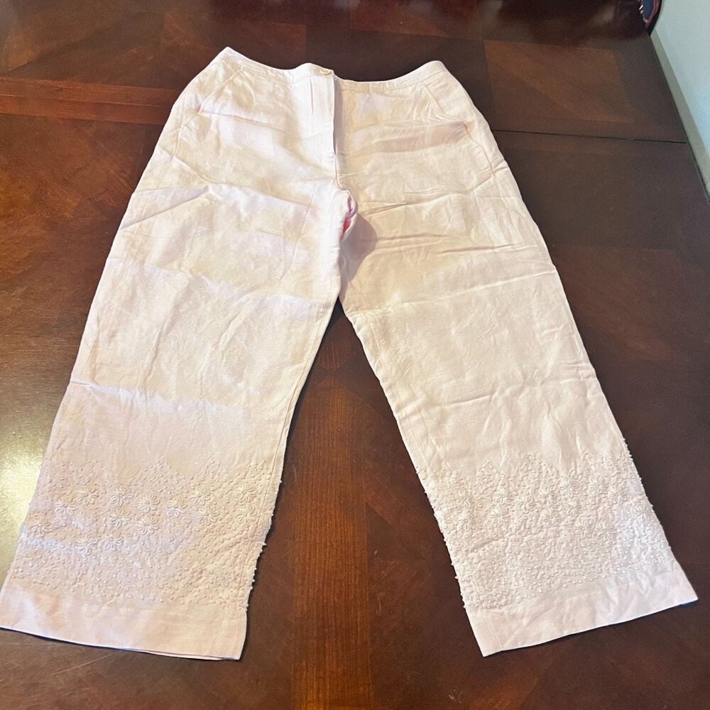 Larry Levine Pink Embroidered Linen Blend Cropped Pants Womens Size 4